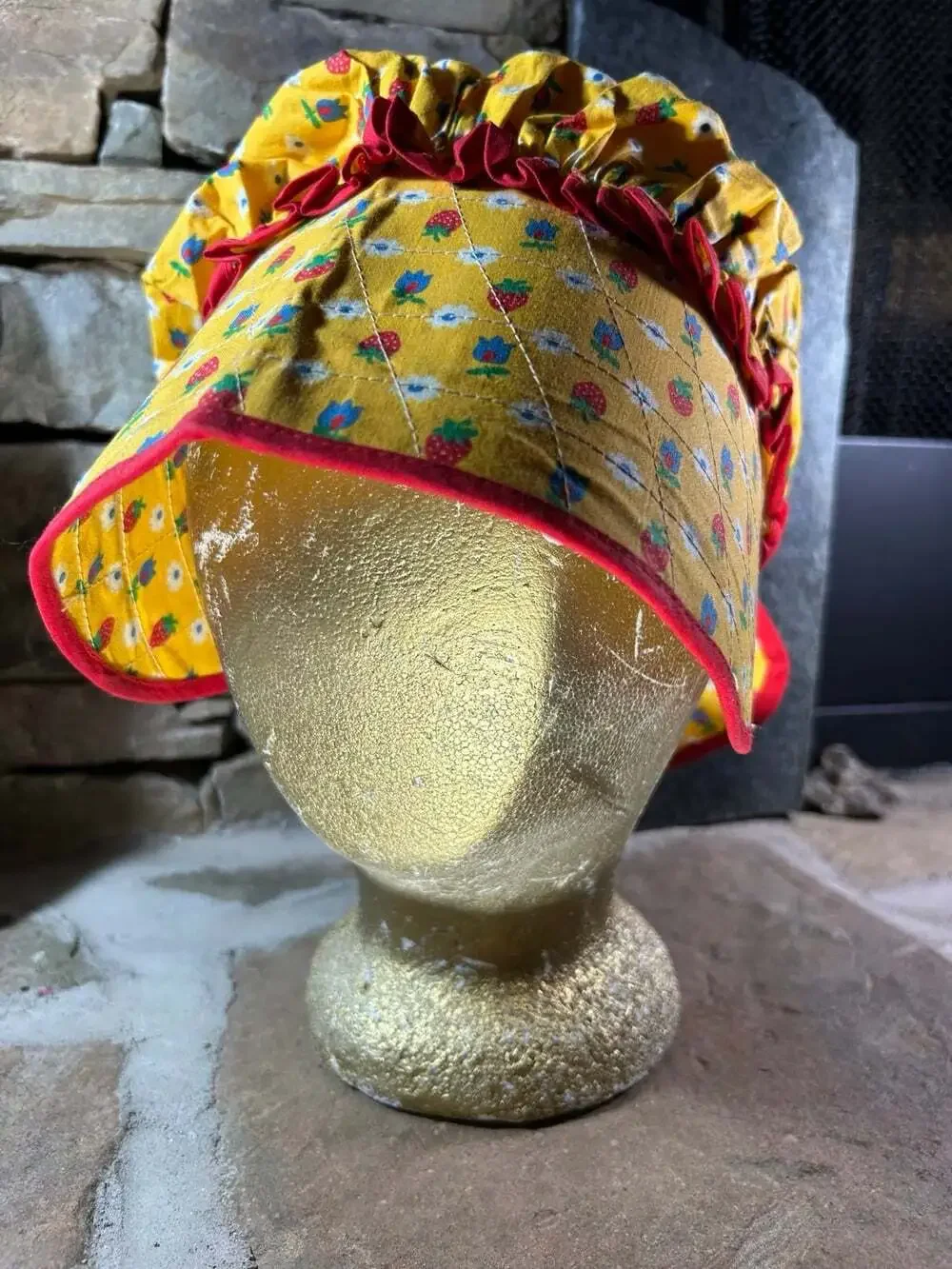 Strawberry and tulips Yellow with red trim adorable Prairie Bonnet costume small